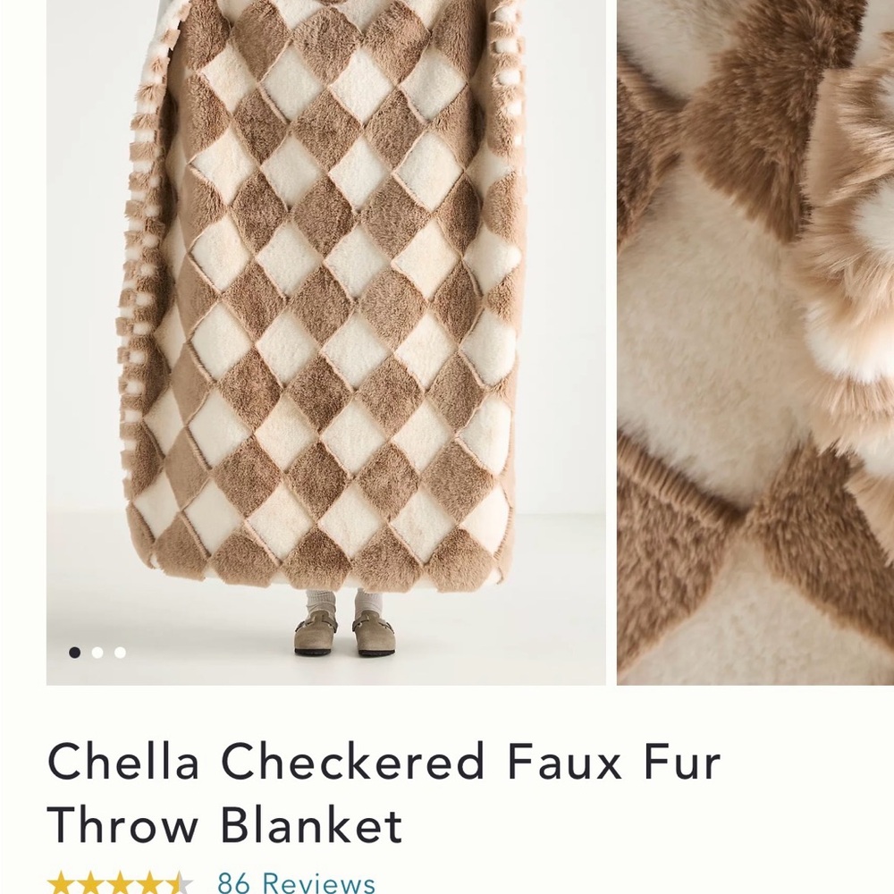 Anthropologie Chella Checkered Faux Fur Throw Blanket - Cream and Brown